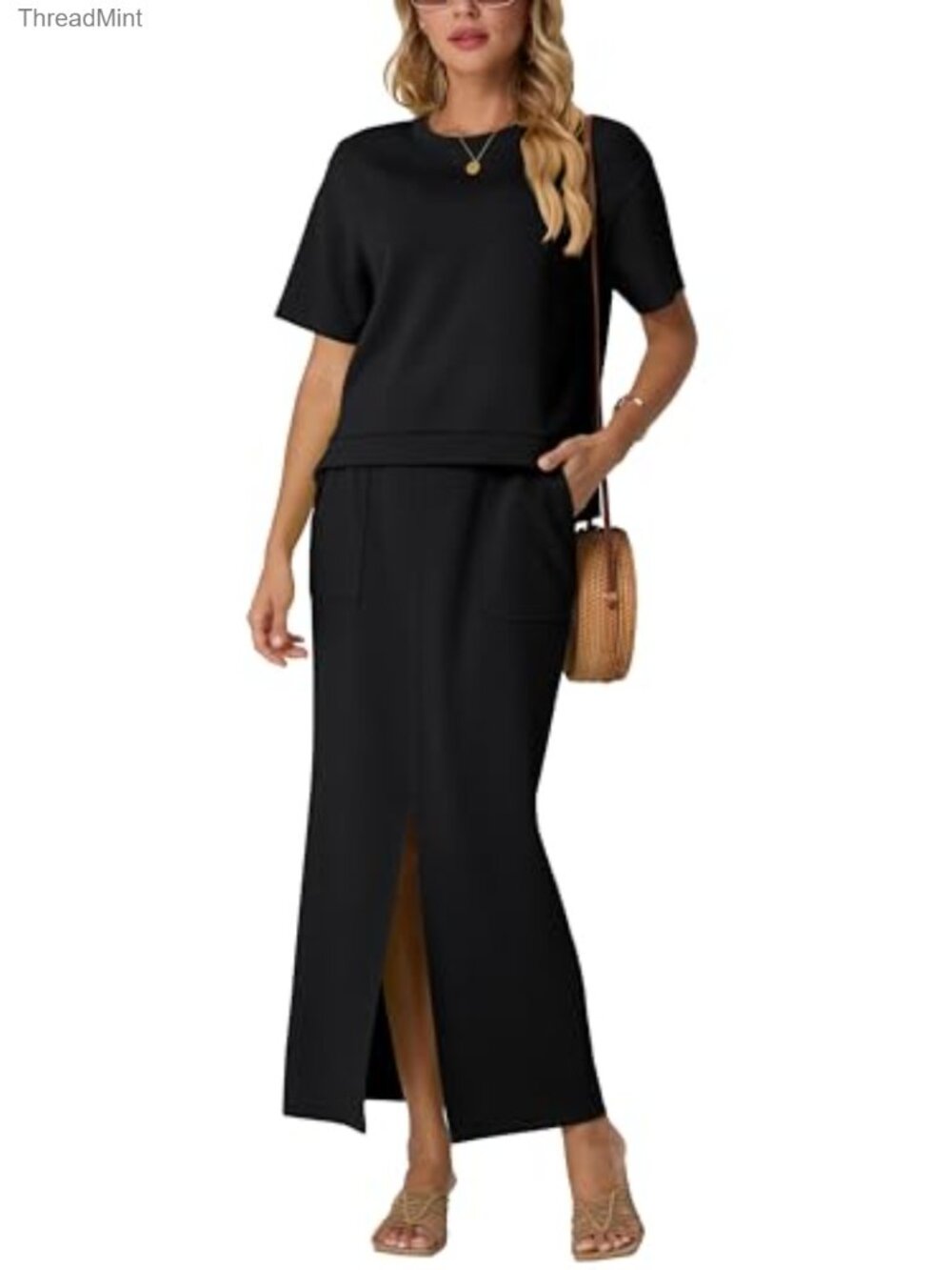 Wrinkle-Free 2-Piece Skirt Set with Pockets, Short Sleeve Maxi Skirt Set